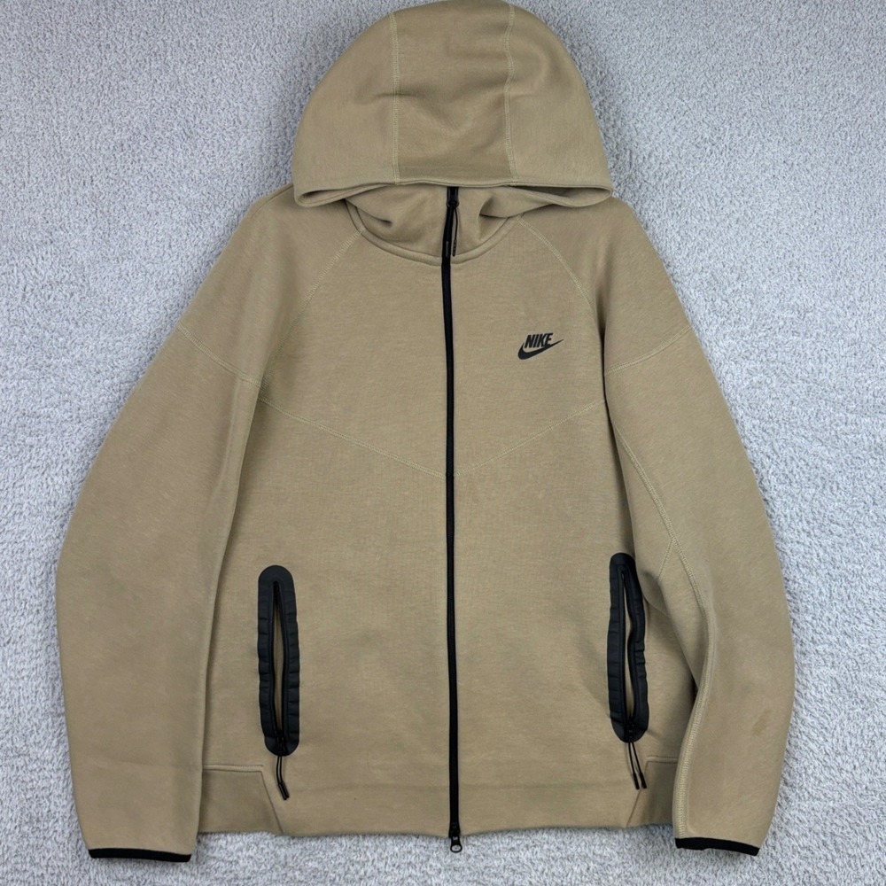 Nike Tech Hoodie Mens Large Tan Full Zip Sportswear Streetwear Hooded Sweatshirt